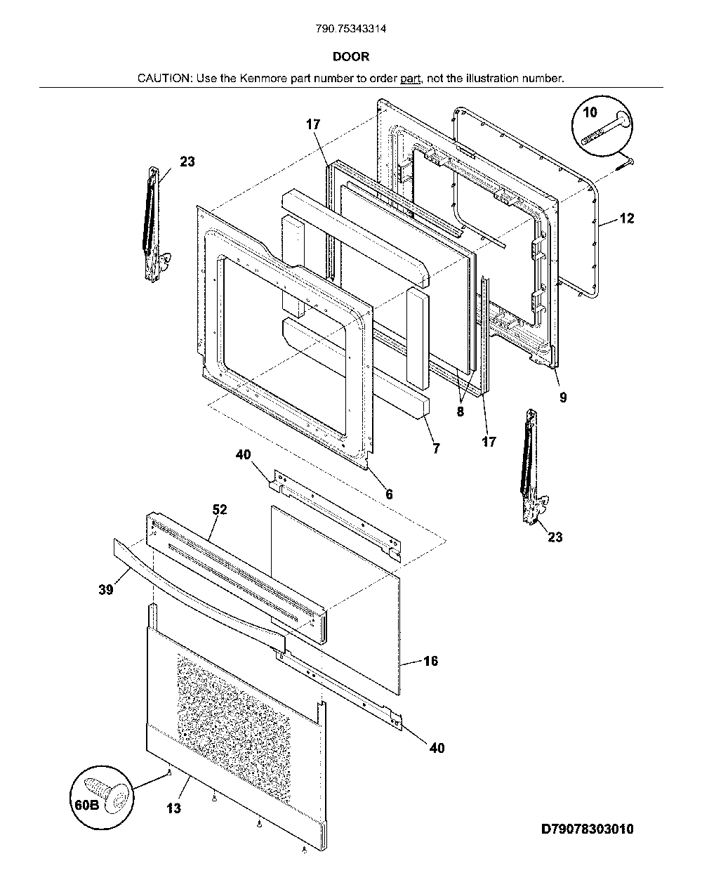 Door Diagram and Parts List for 79075343314  Kenmore Range