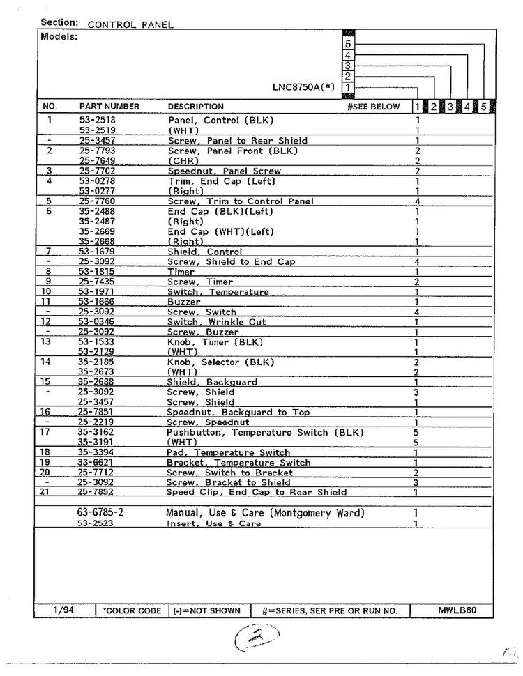 Control Panel Page 2 Diagram and Parts List for 8750A  Norge Dryer