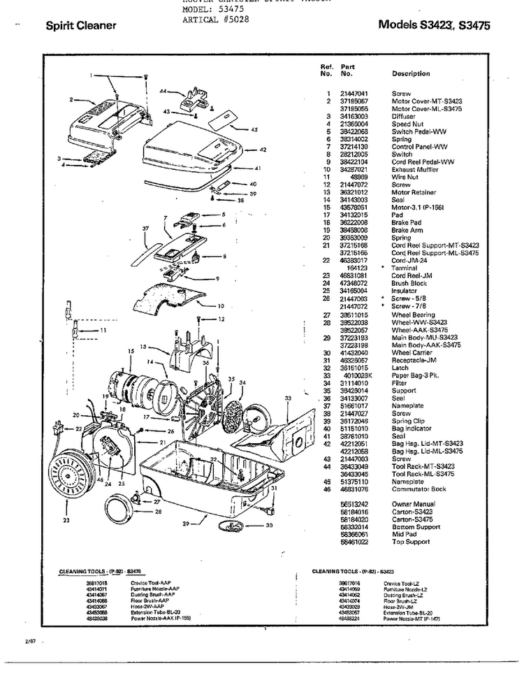 Spirit Cleaner/cleaning Tools Diagram and Parts List for 5028  Hoover Canister Vacuum