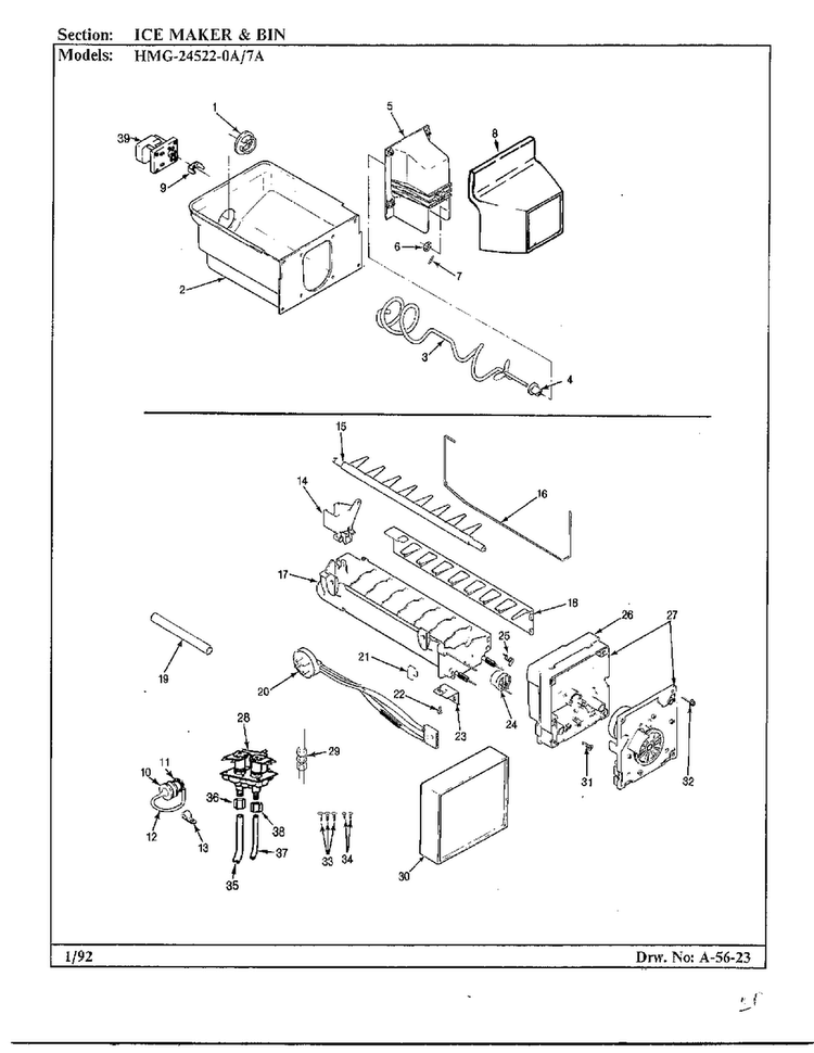 Ice Maker And Bin Diagram and Parts List for 24522-7A  Admiral Refrigerator