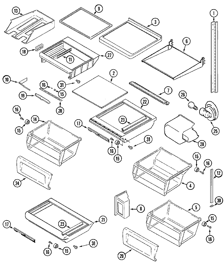 SHELVES & ACCESSORIES Diagram and Parts List for GS2517PXDW  Maytag Refrigerator