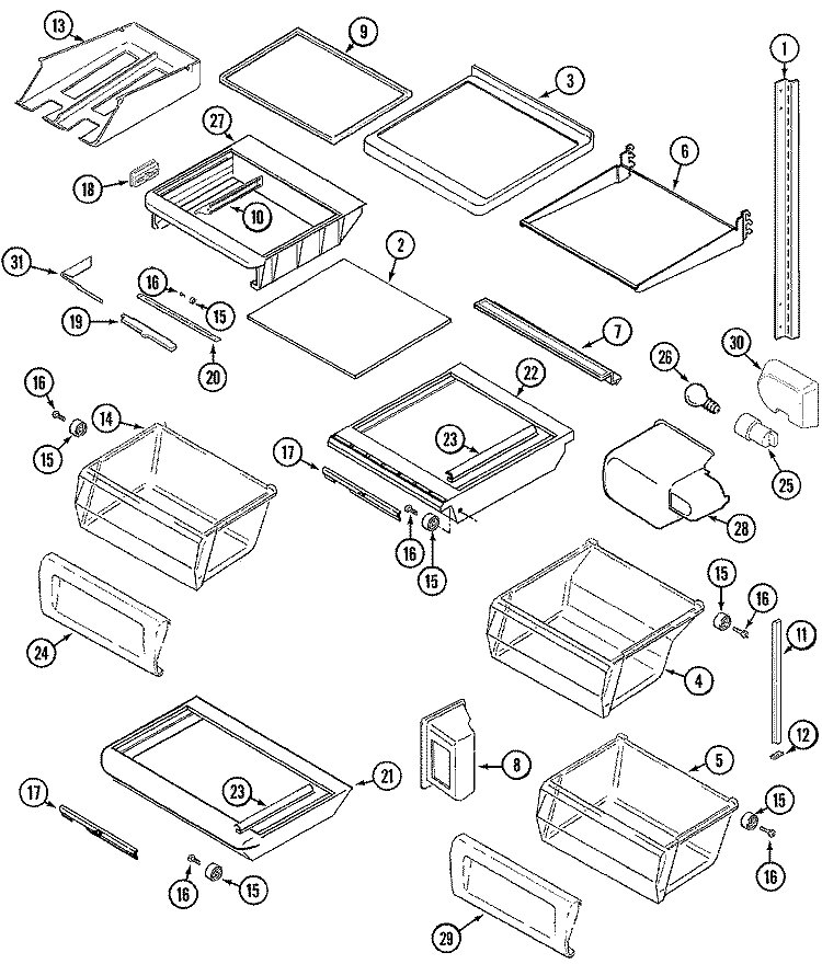 SHELVES & ACCESSORIES Diagram and Parts List for GS2528PEDW  Amana Refrigerator