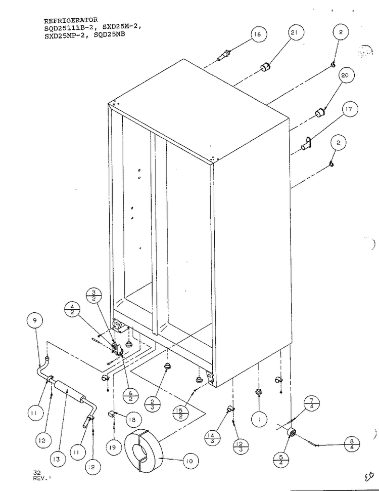 Refrigerator/drain And Rollers Diagram and Parts List for SXD25MP-2  Amana Refrigerator