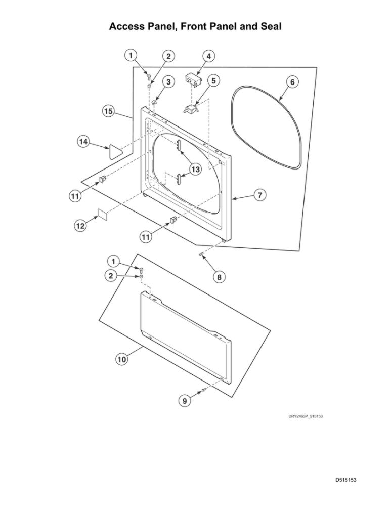 Access Panel/Front Panel/Seal Diagram and Parts List for ADEE8RGS173TW01  Speed Queen Dryer