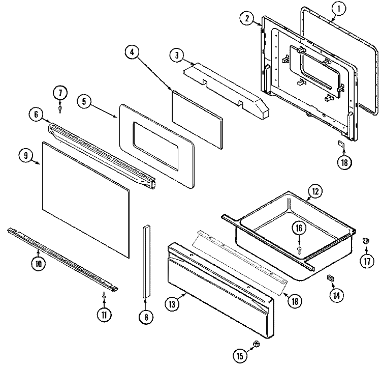 DOOR / DRAWER Diagram and Parts List for CGS1750ADH  Magic Chef Range