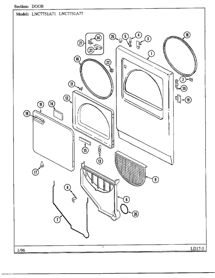 Door Diagram and Parts List for 7751A77  Norge Dryer
