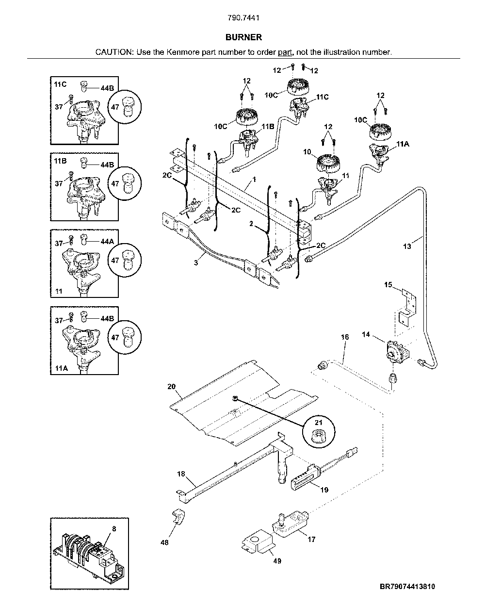 Burner Diagram and Parts List for 79074419810  Kenmore Range