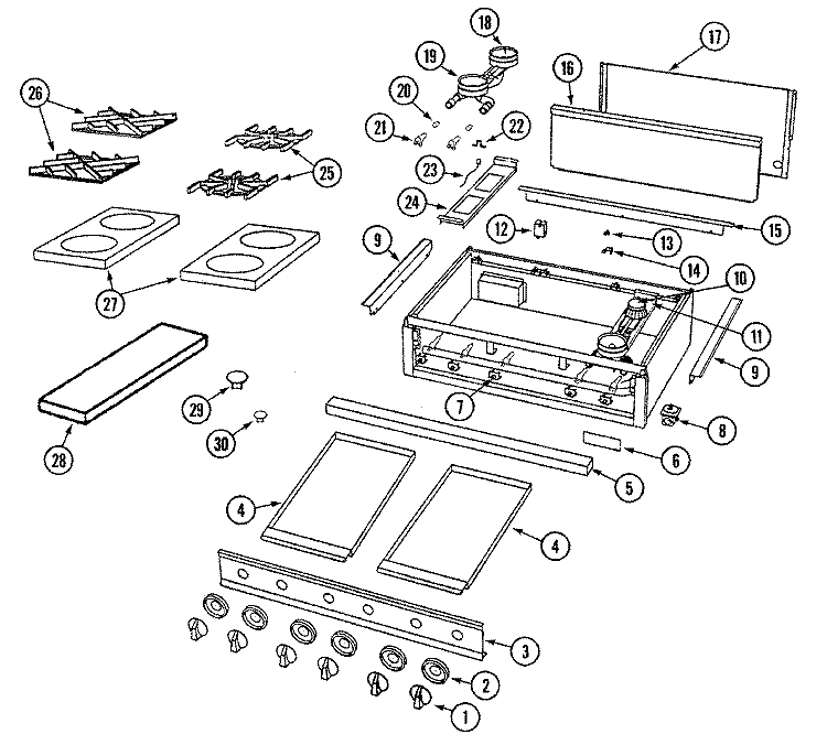 TOP ASSEMBLY / GAS CONTROLS Diagram and Parts List for RJCT3670A  Maytag Cooktop