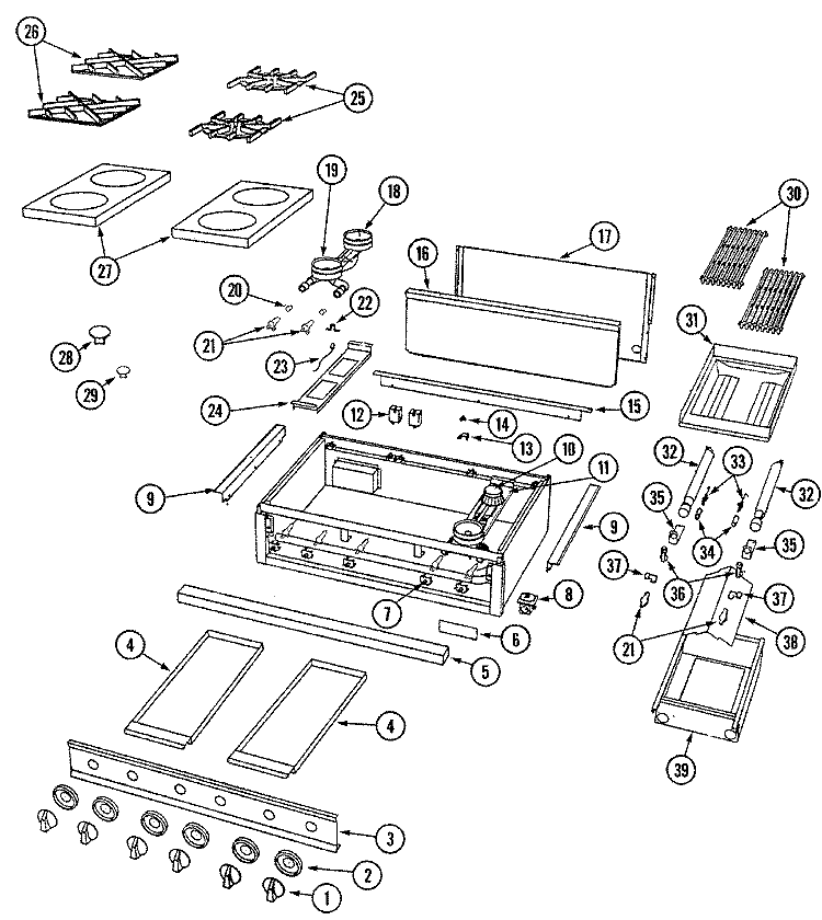 TOP ASSEMBLY / GAS CONTROLS Diagram and Parts List for RJCT3663A  Maytag Cooktop
