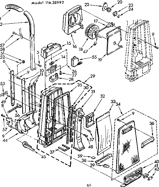 Dust Collector Assembly Diagram and Parts List for 11638992  Kenmore Upright Vacuum