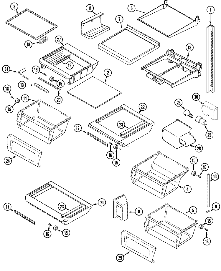SHELVES & ACCESSORIES Diagram and Parts List for GS2387PKDA  Maytag Refrigerator