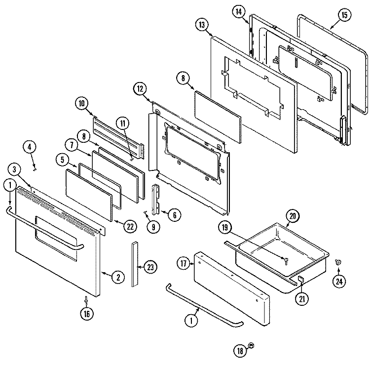 DOOR / DRAWER Diagram and Parts List for CER3765AAC  Magic Chef Range