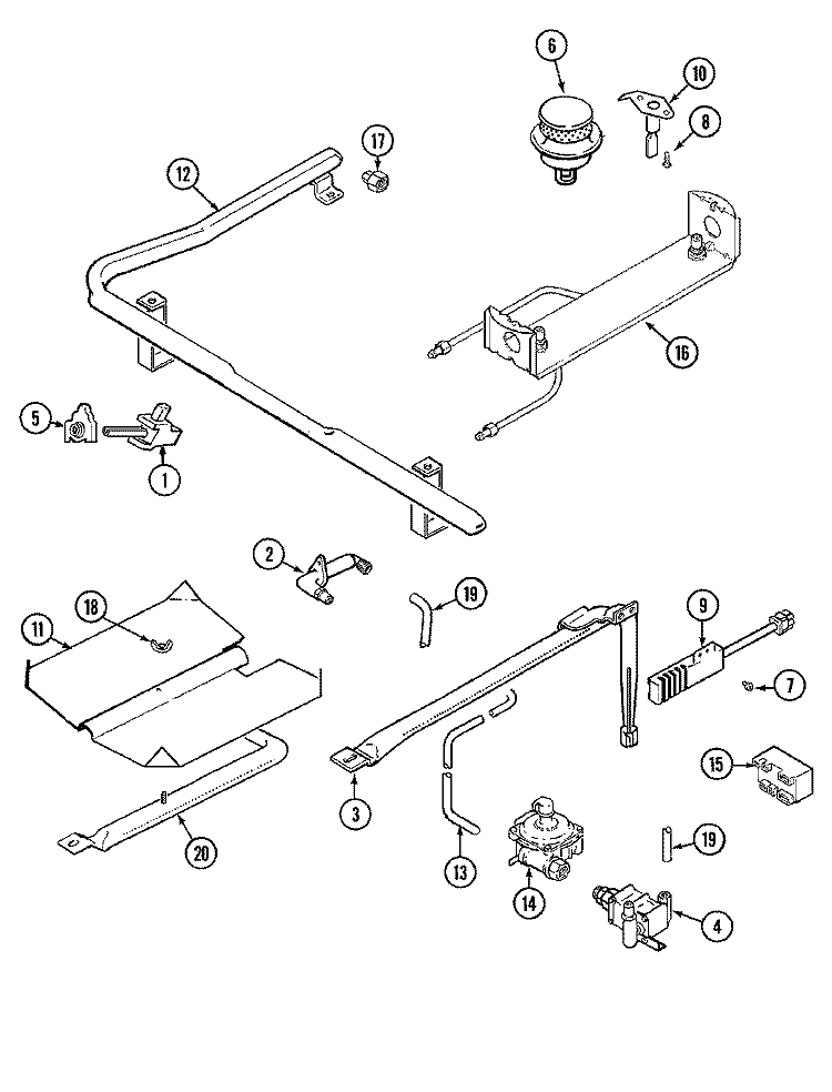 GAS CONTROLS Diagram and Parts List for CGR3760BDW  Magic Chef Range