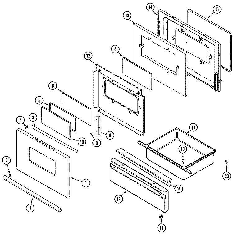 DOOR / DRAWER (BDW) Diagram and Parts List for CGR3740BDW  Magic Chef Range