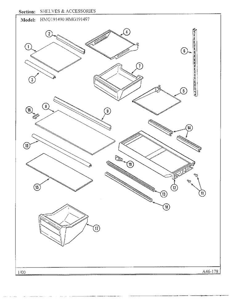 Shelves And Accessories Diagram and Parts List for HMG191490  Admiral Refrigerator
