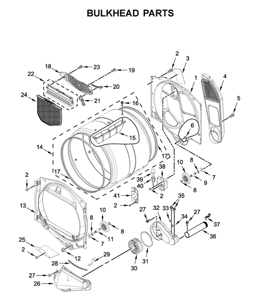 Bulkhead Parts Diagram and Parts List for MED6230HC1  Maytag Dryer