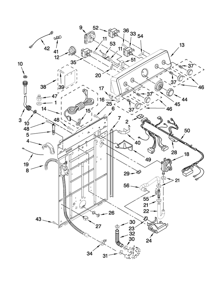 Controls And Rear Panel Parts Diagram and Parts List for 3UMTW5955TW1  Maytag Washer