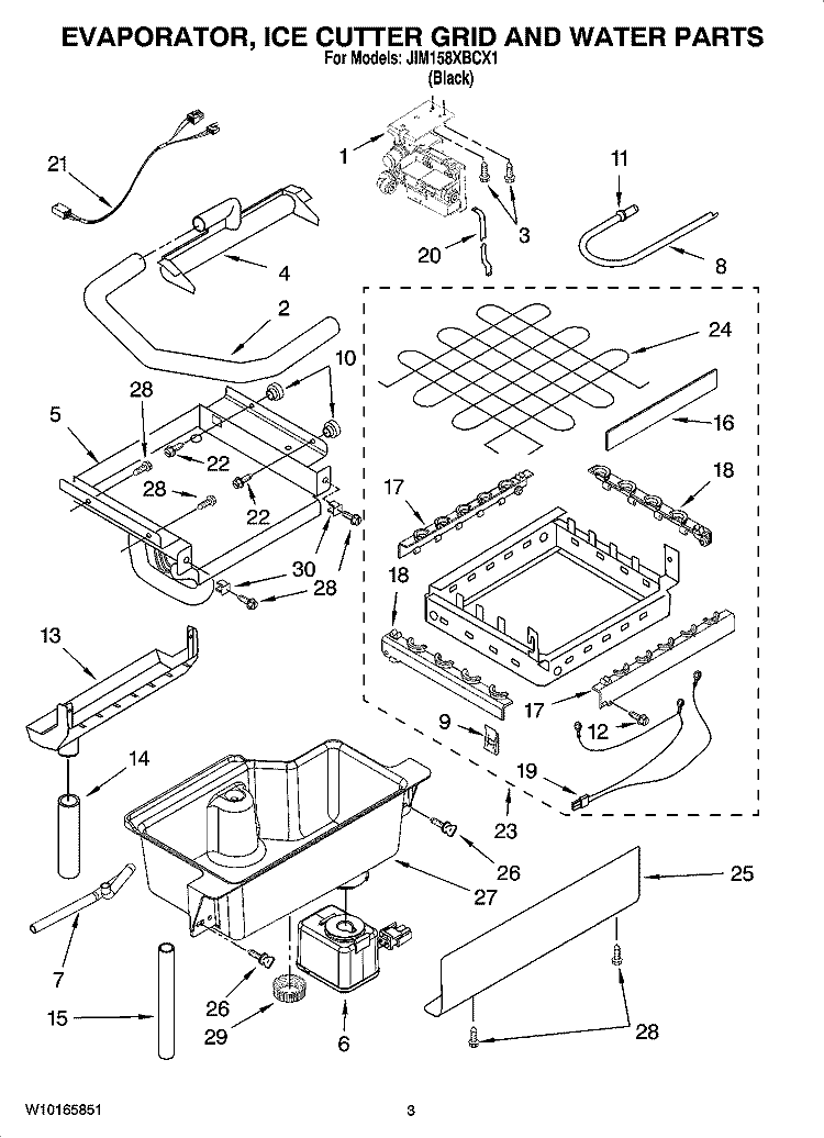 EVAPORATOR, ICE CUTTER GRID AND WATER PARTS Diagram and Parts List for JIM158XBCX1  Jenn-Air Ice Maker