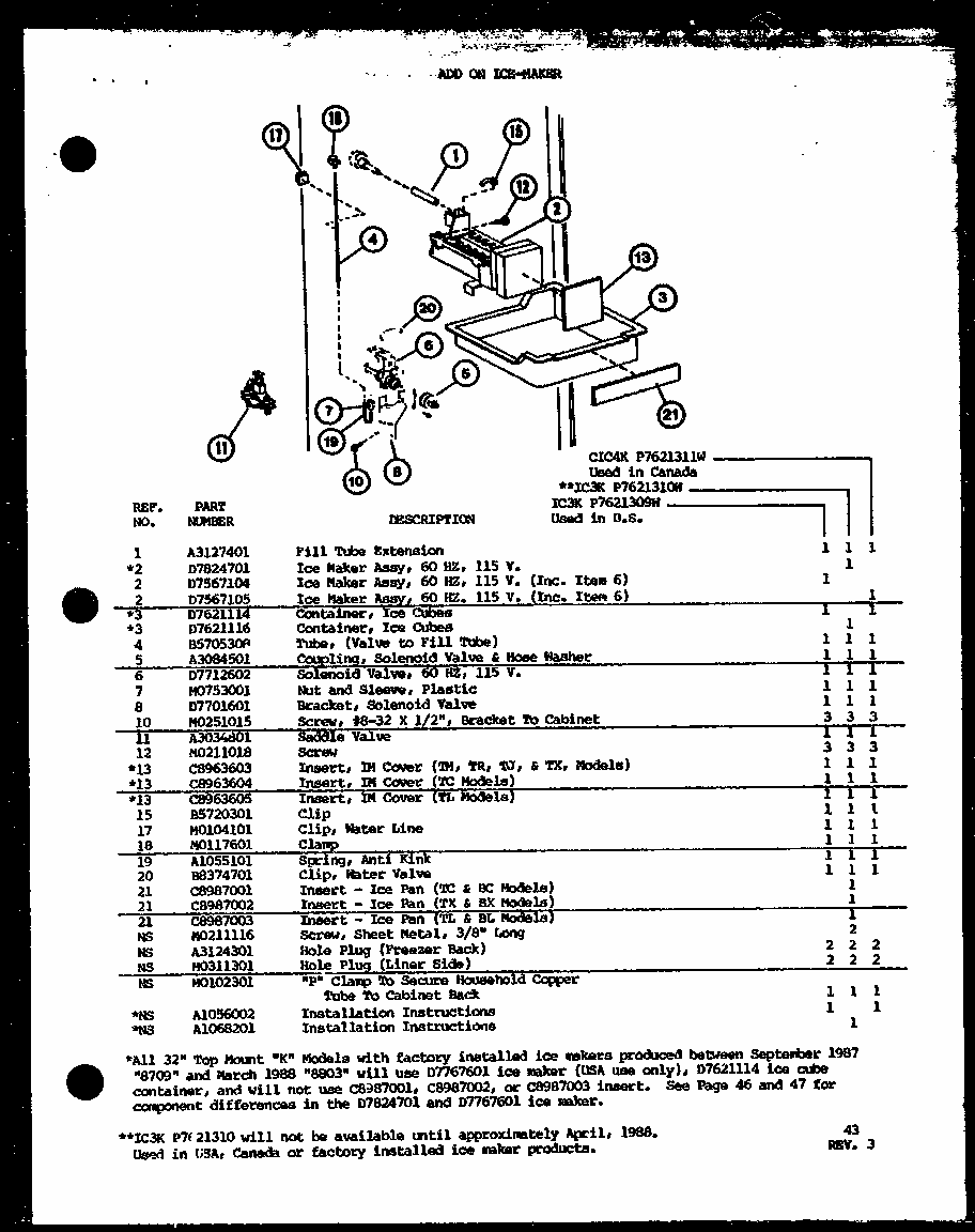 Add On Ice-maker (ic3k/p7621309w) (ic3k/p7621310w) (cic4k/p7621311w) Diagram and Parts List for TM20K-P7791118W  Amana Refrigerator