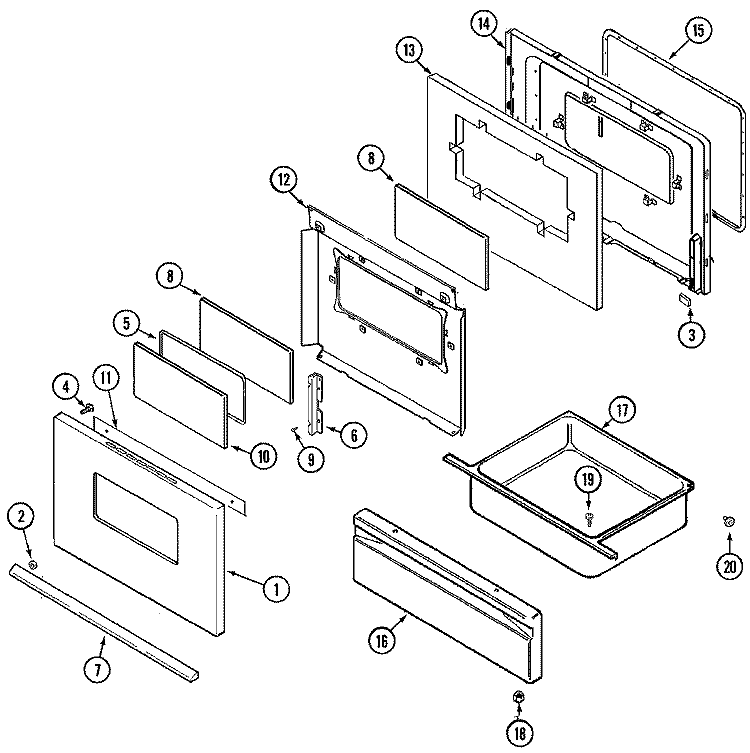 DOOR / DRAWER Diagram and Parts List for PER5510AAQ  Maytag Range