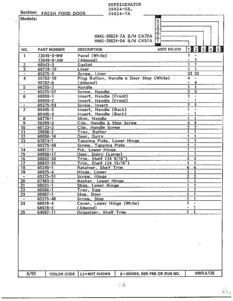 Fresh Food Door Page 2 Diagram and Parts List for 39824-7A  Admiral Refrigerator