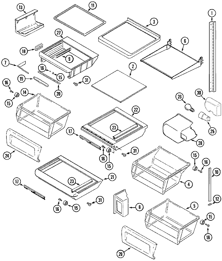 SHELVES & ACCESSORIES Diagram and Parts List for KG57U95SKD  Maytag Refrigerator
