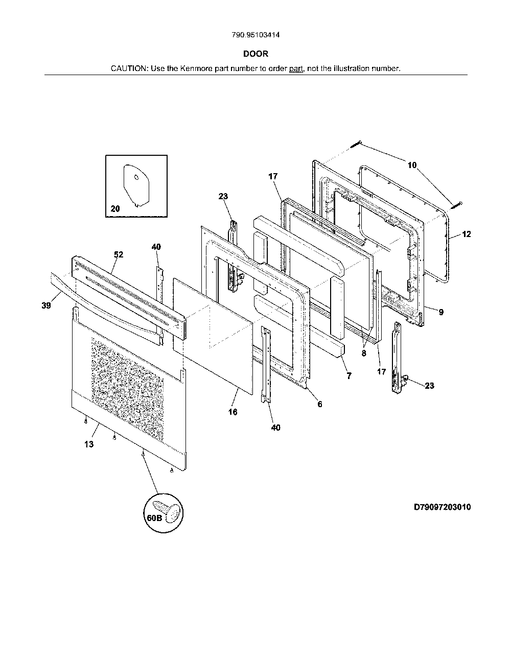 Door Diagram and Parts List for 79095103414  Kenmore Range