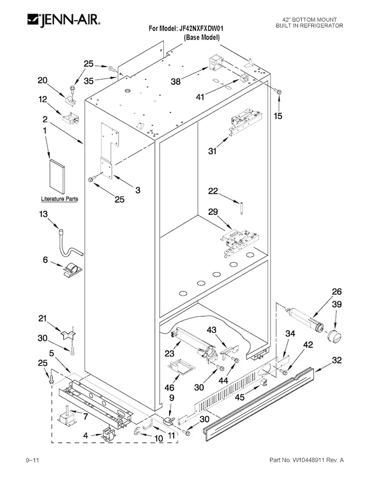 Cabinet Parts Diagram and Parts List for JF42NXFXDW01  Jenn-Air Refrigerator