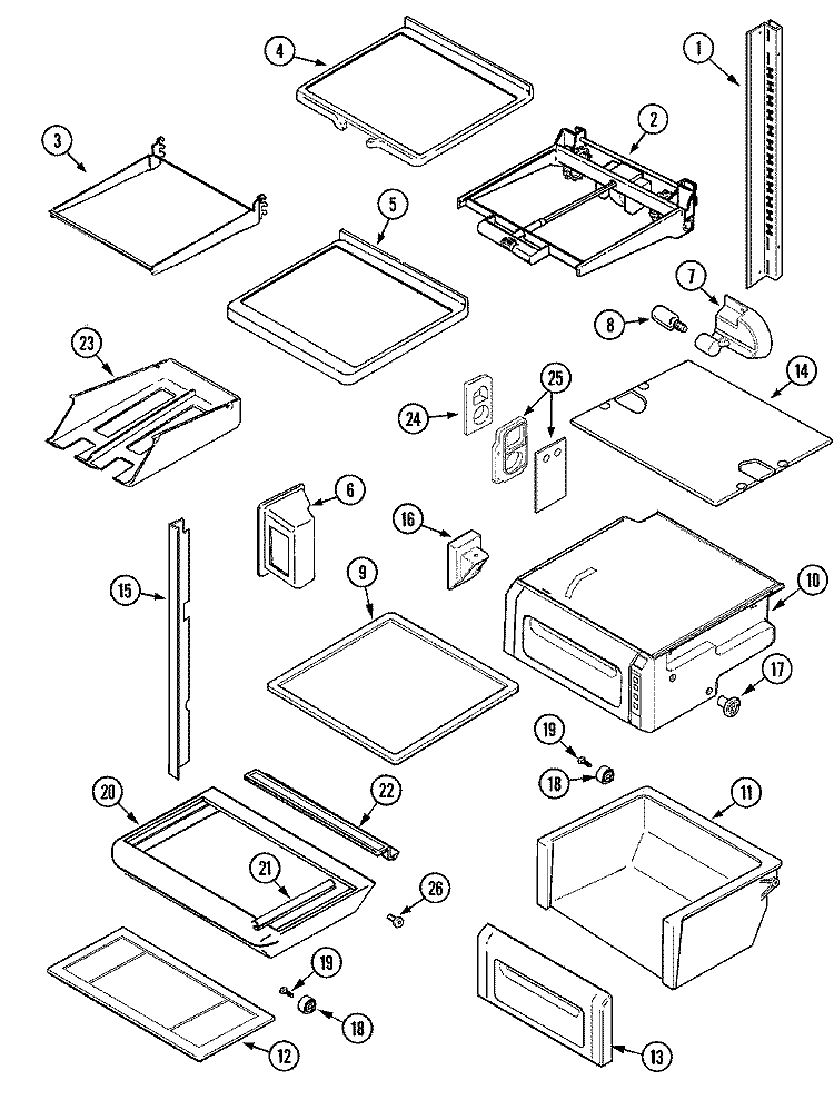 SHELVES & ACCESSORIES Diagram and Parts List for MSD2758GEB  Maytag Refrigerator