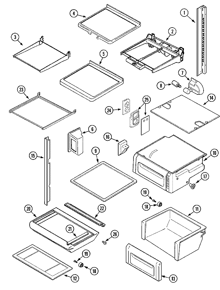 SHELVES & ACCESSORIES Diagram and Parts List for MZD2768GEW  Maytag Refrigerator