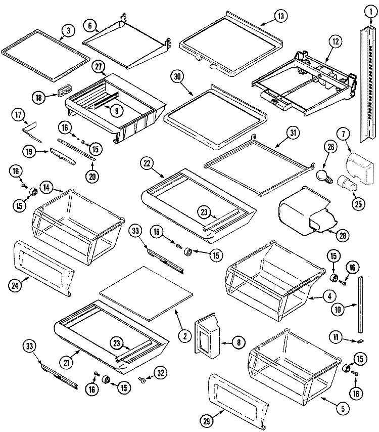 SHELVES & ACCESSORIES Diagram and Parts List for MZ2727EEGW  Maytag Refrigerator