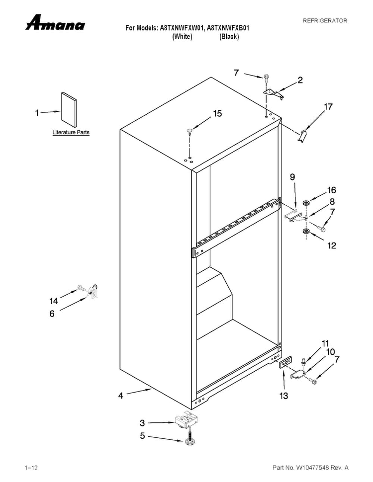 Cabinet Parts Diagram and Parts List for A8TXNWFXW01  Amana Refrigerator