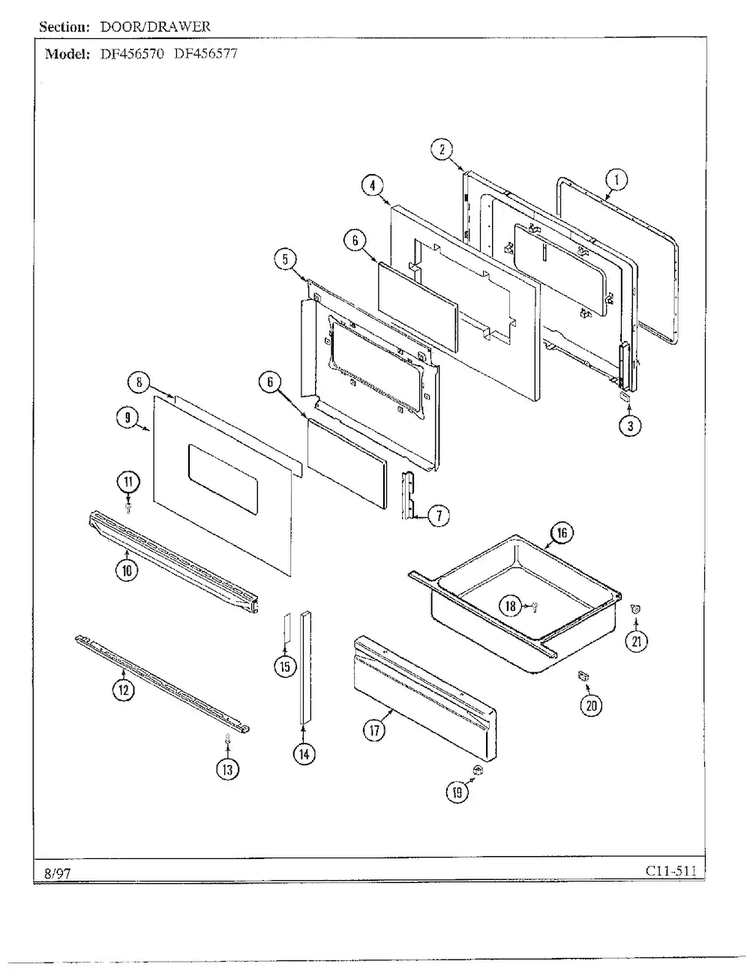 Door/drawer Diagram and Parts List for DF456570  Magic Chef Range