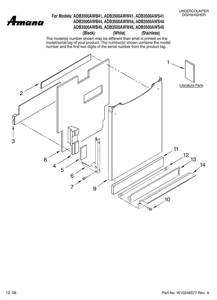 Door And Panel Parts Diagram and Parts List for ADB3500AWW45  Amana Dishwasher