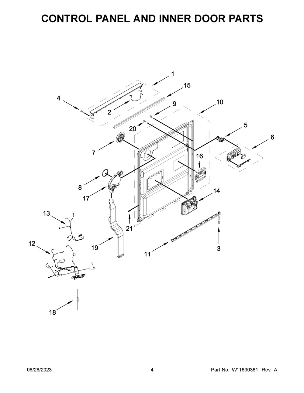 Control Panel And Inner Door Parts Diagram and Parts List for JDPSS244PL0  Jenn-Air Dishwasher