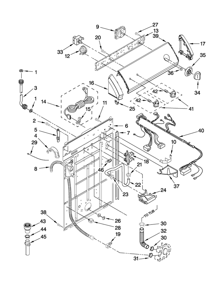 Controls And Rear Panel Parts Diagram and Parts List for 4KMVWC405WQ0  Maytag Washer