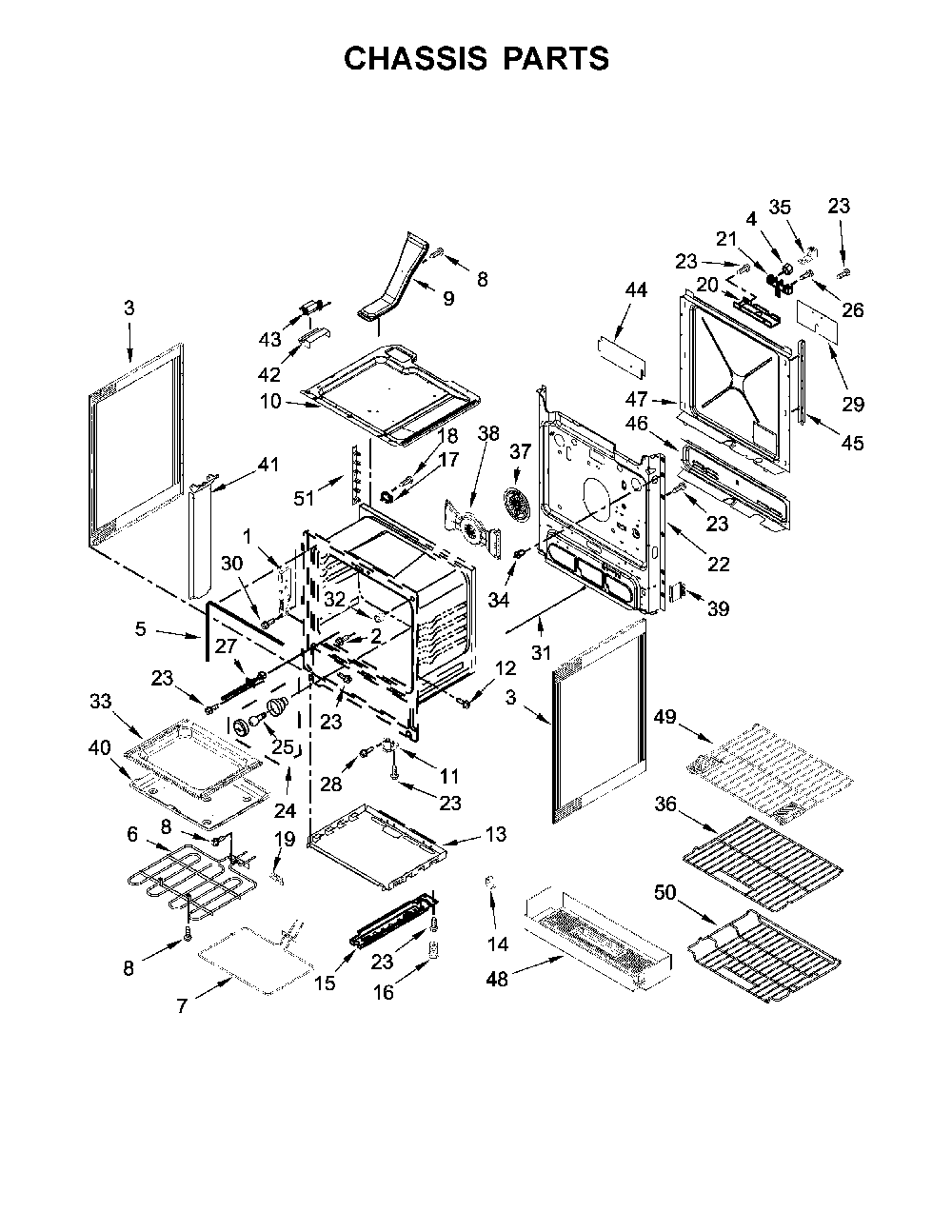 Chassis Parts Diagram and Parts List for 66495223710  Kenmore Range