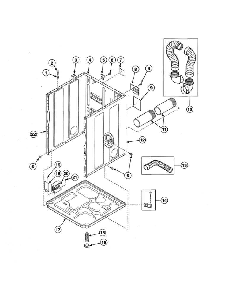 Cabinet/Exhaust Duct And Base - Single Dryers Diagram and Parts List for ADE3SRGS173TW01  Speed Queen Dryer