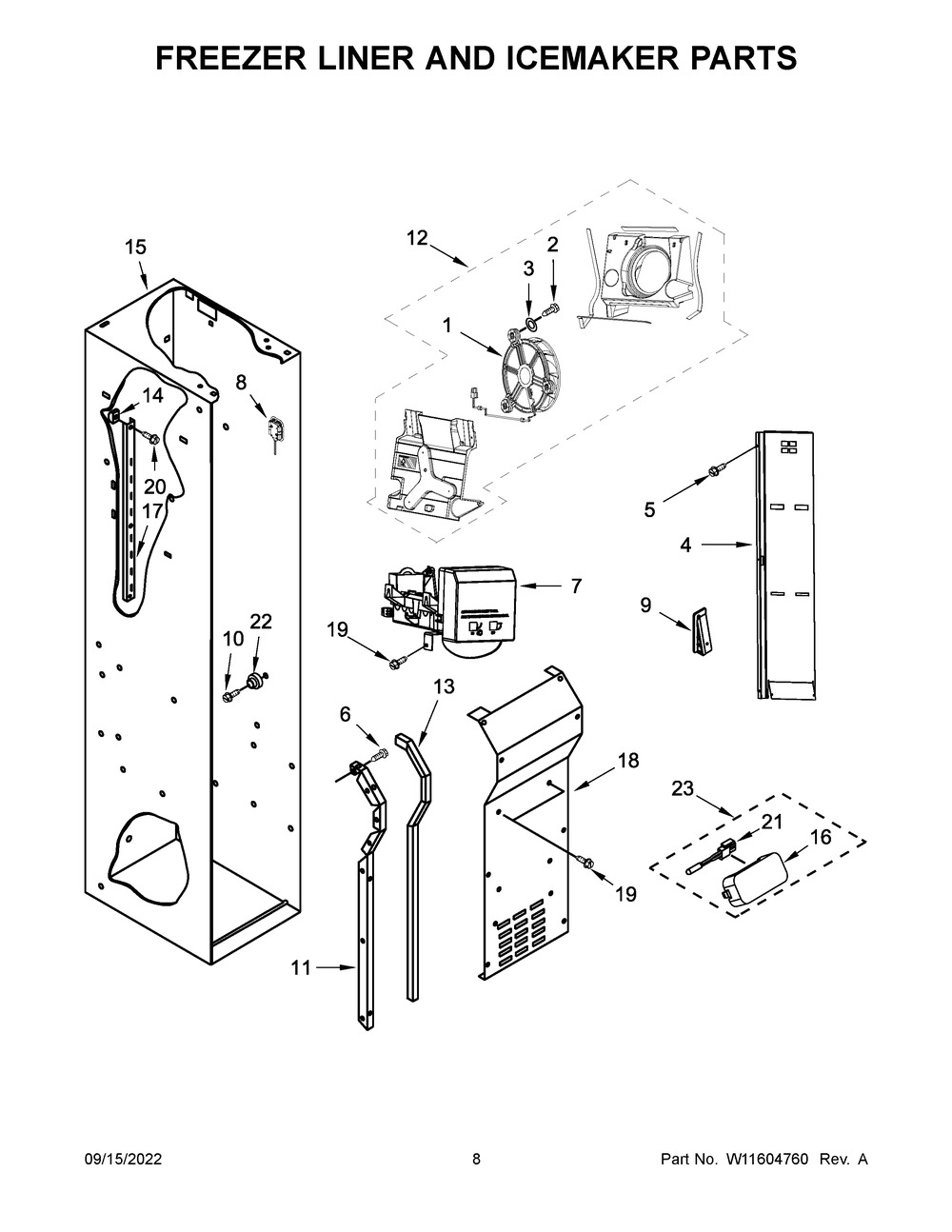 Freezer Liner And Icemaker Parts Diagram and Parts List for JBSFS42NMX00  Jenn-Air Refrigerator