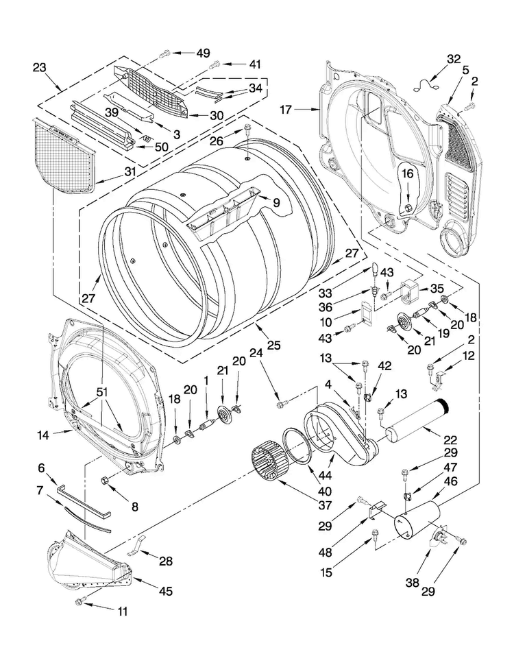 Bulkhead Parts Diagram and Parts List for NGD7300WW0  Amana Dryer