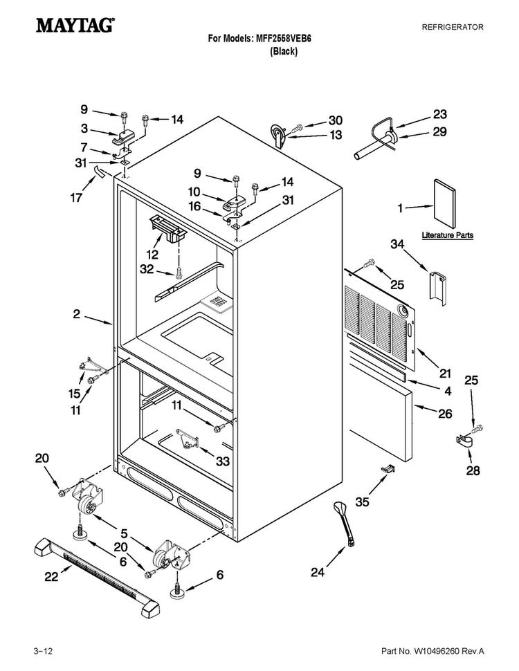 Cabinet Parts Diagram and Parts List for MFF2558VEB6  Maytag Refrigerator