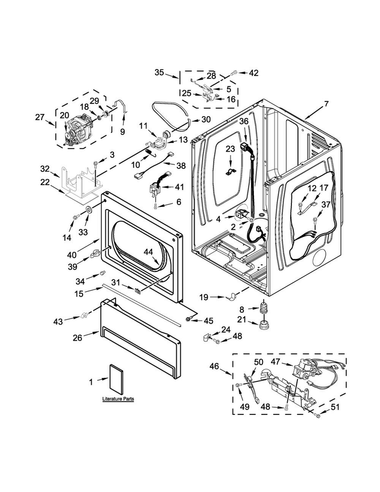 Lower Cabinet And Front Panel Parts Diagram and Parts List for MLG27PDBXW0  Maytag Dryer