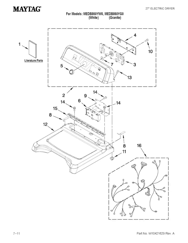 Top And Console Parts Diagram and Parts List for MEDB850YW0  Maytag Dryer