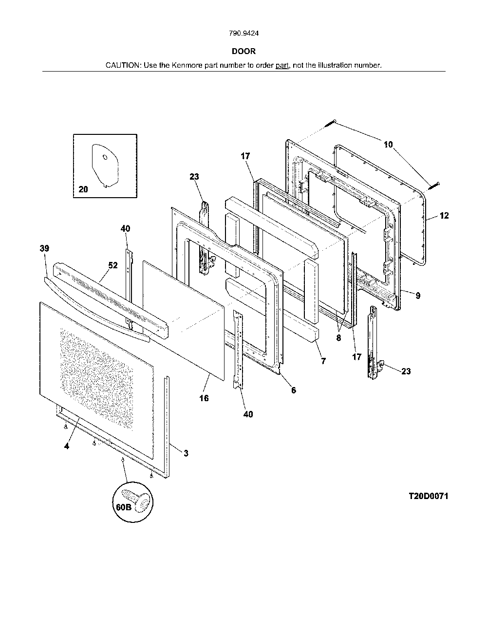 Door Diagram and Parts List for 79094242314  Kenmore Range