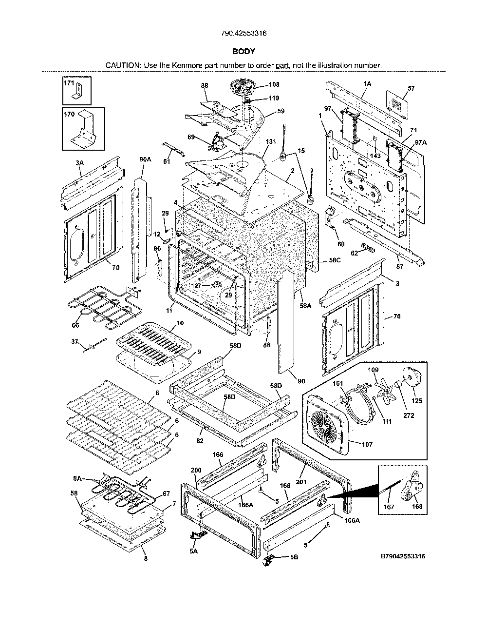 Body Diagram and Parts List for 79042553316  Kenmore Range