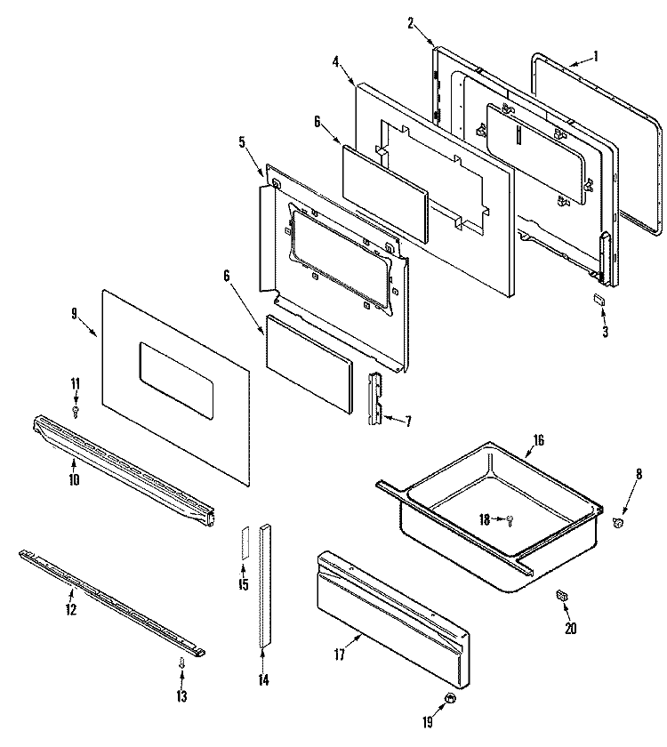 DOOR / DRAWER Diagram and Parts List for CER3760BGW  Magic Chef Range