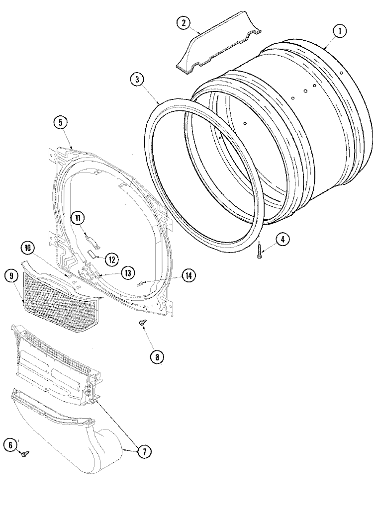 FRONT BULKHEAD, AIR DUCT & CYLINDER Diagram and Parts List for DLG330RAW  Amana Dryer