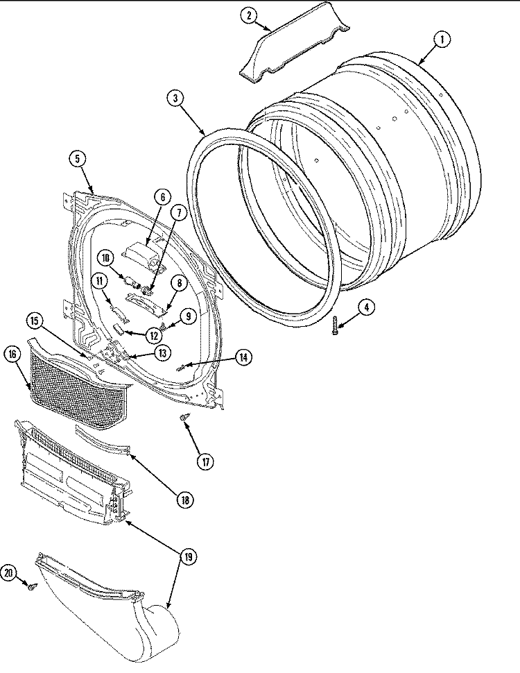 FRONT BULKHEAD, AIR DUCT & DRUM Diagram and Parts List for SDE5701AYQ  Maytag Dryer