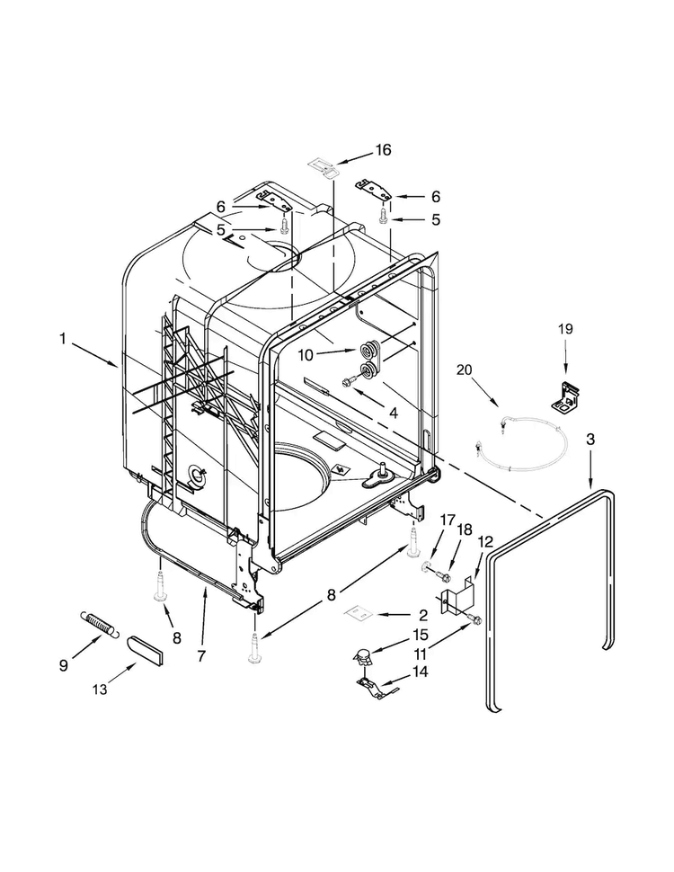 Tub And Frame Parts Diagram and Parts List for ADB1300AFW1  Amana Dishwasher