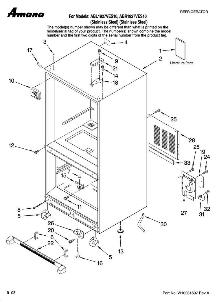 Cabinet Parts Diagram and Parts List for ABL1927VES10  Amana Refrigerator